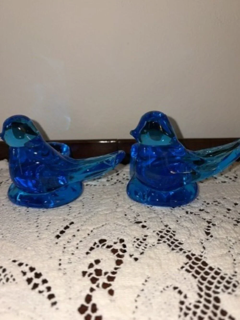Pair of VTG Blue Bird of Happiness Art Glass Taper Candle Holders Ron Ray 1988